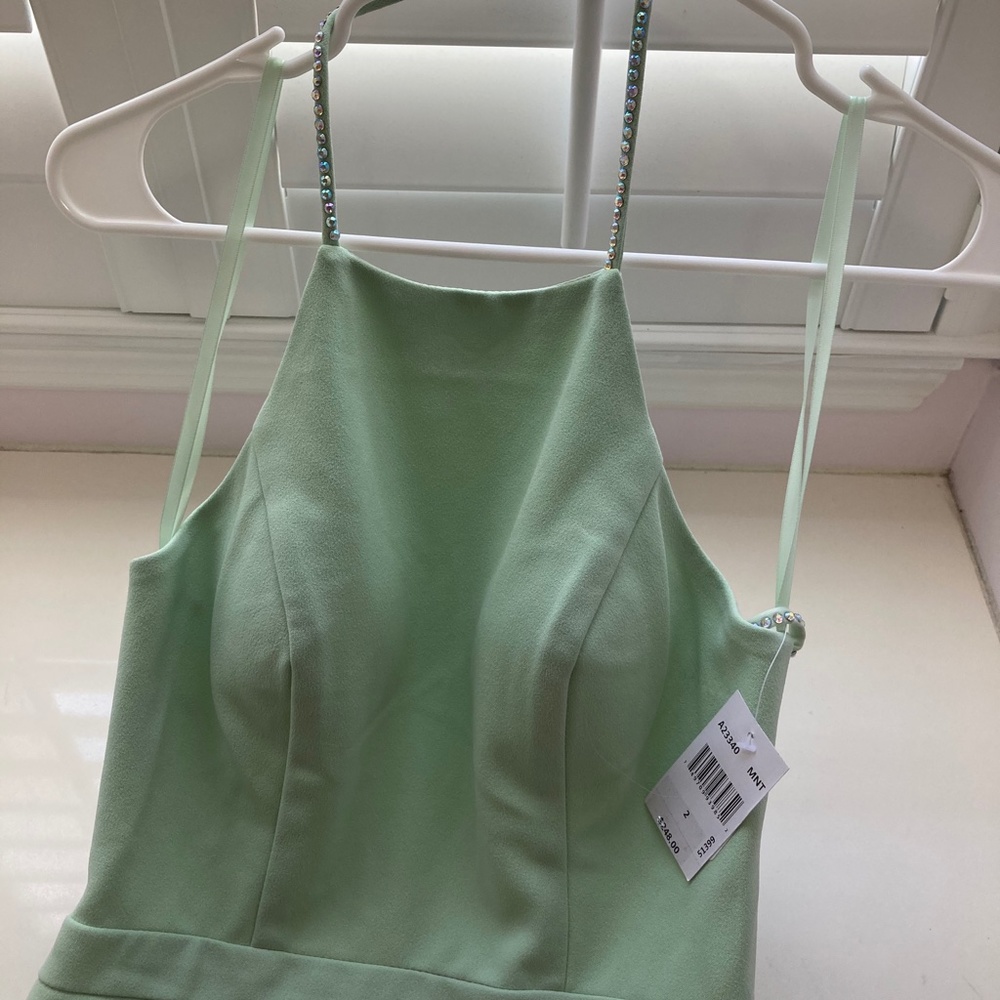AQUA EMBELLISHED HALTER EVENING DRESS - Picture 10 of 16